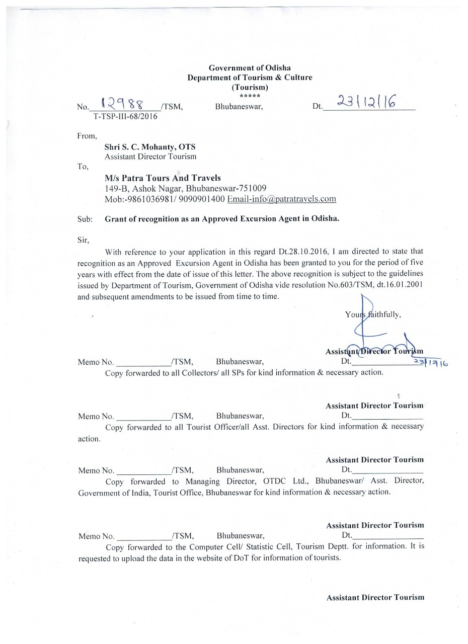 Department of Tourism, Govt. of Odisha License - Patra Tours And Travels
